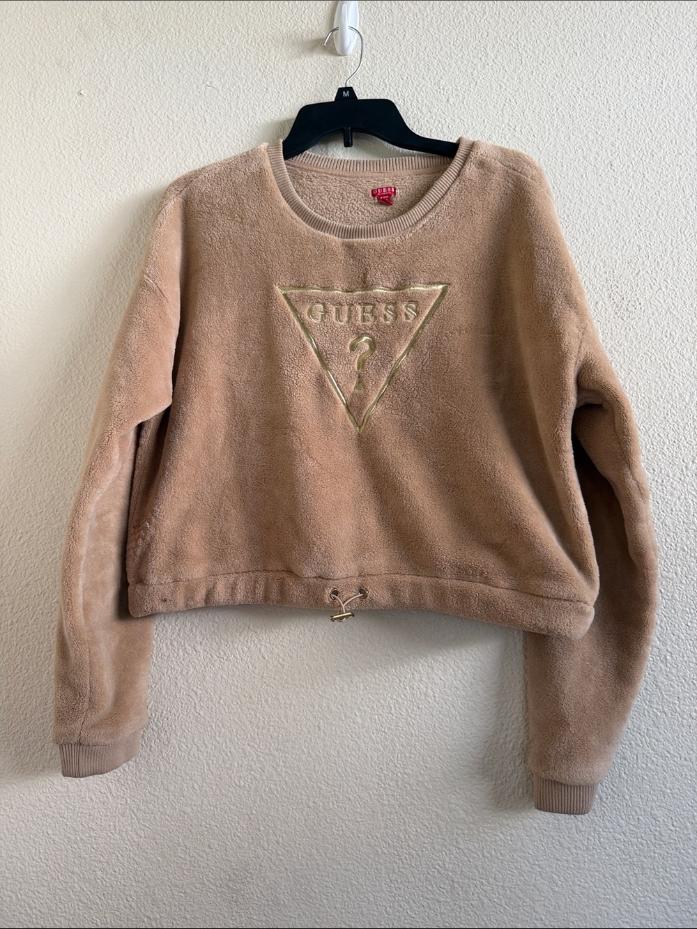 GUESS Plush Cropped Sweatshirt in Taupe